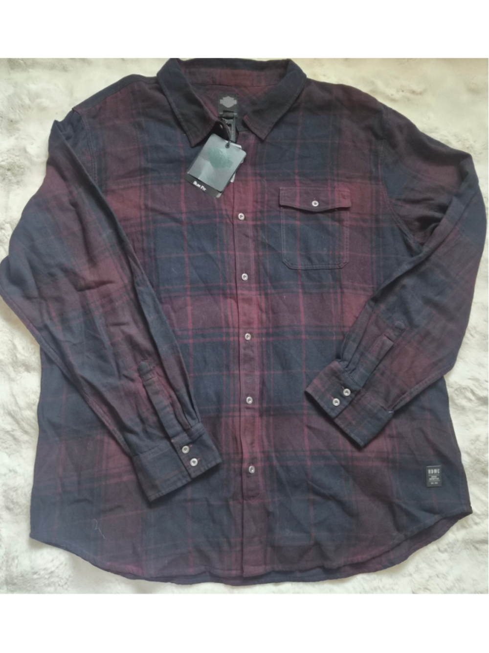 NWT Men's Harley-Davidson 3XL Slim Fit Plaid Button Down Shirt Black Burgundy